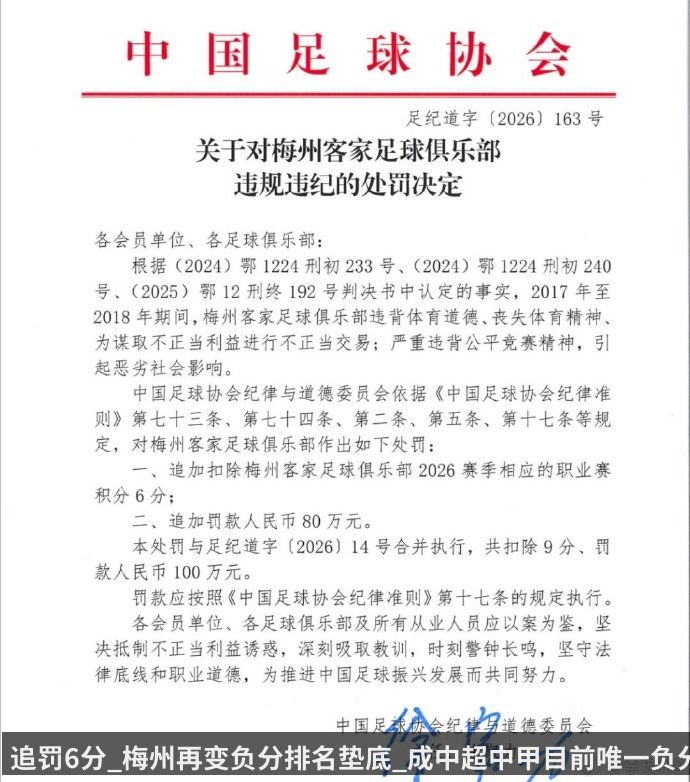 追罚6分_梅州再变负分排名垫底_成中超中甲目前唯一负分队